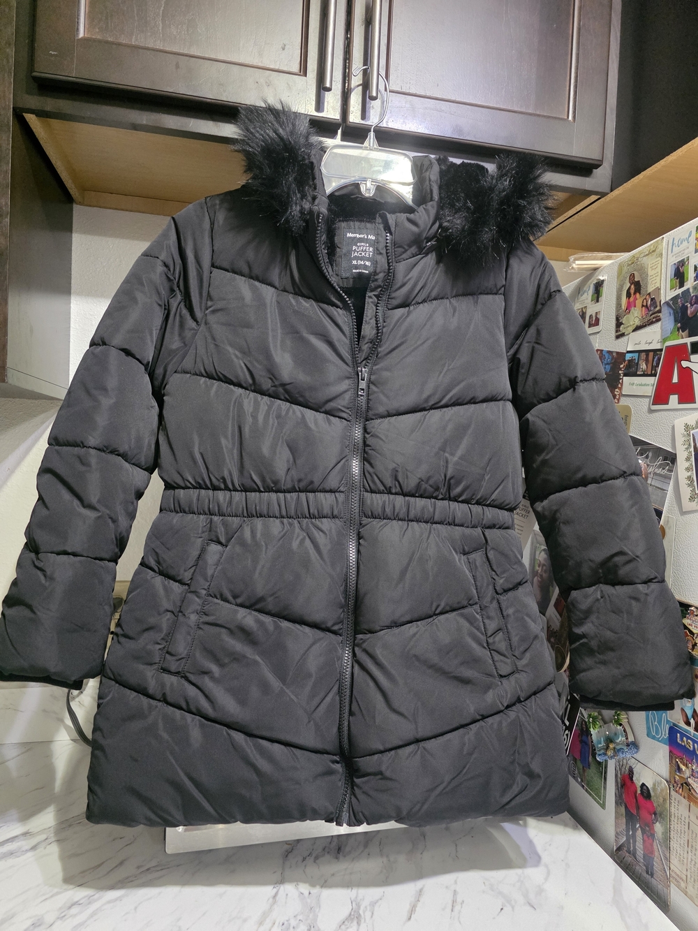 Members Mark Black Puffer Coat with Faux Fur Hood Girls 14/16